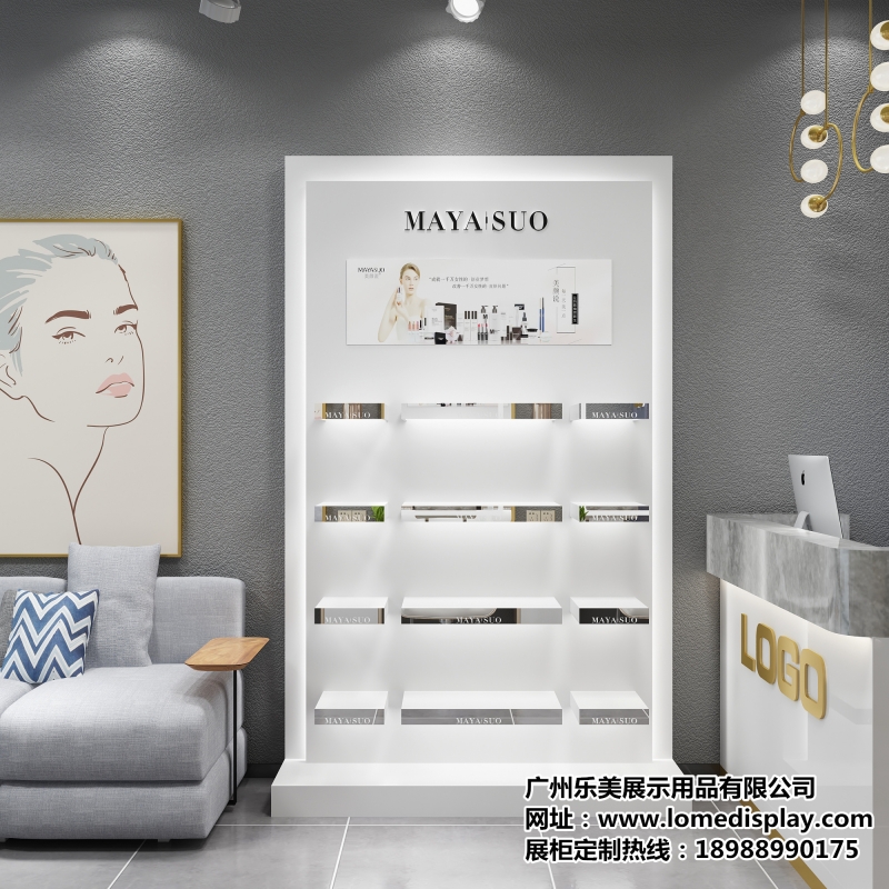 商场店铺美容院-白色简约木质烤漆-多层靠墙化妆品展示背柜可定制
